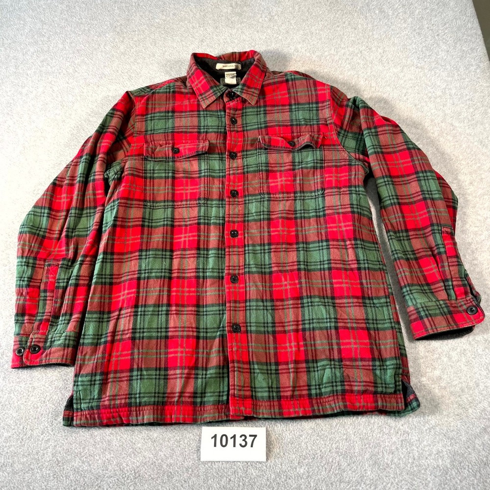 L.L. Bean Flannel Shirt Jacket Men Medium Red Green Plaid Fleece Lined Side Slit